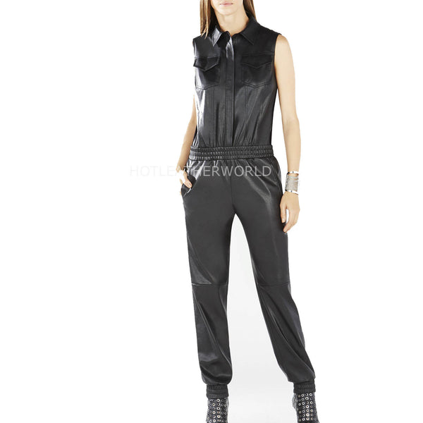 Sleeveless Women Leather Designer Jumpsuit -  HOTLEATHERWORLD