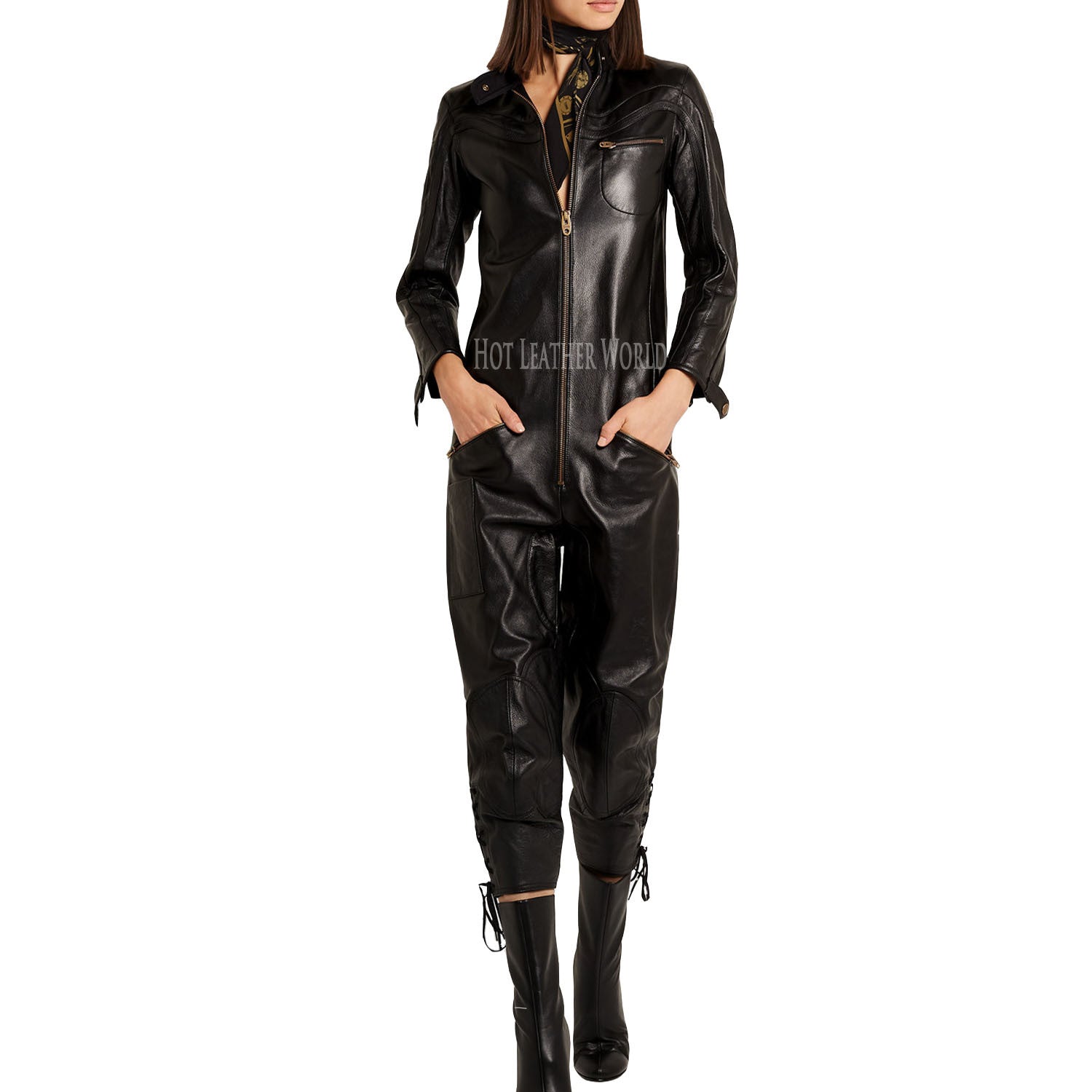 Lace-up leather jumpsuit For Women -  HOTLEATHERWORLD