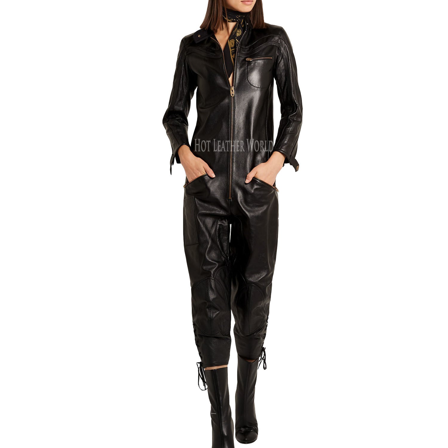 Lace-up leather jumpsuit For Women | HOTLEATHERWORLD
