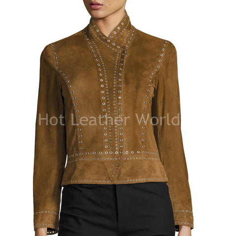 Cropped Studded Suede Military Jacket -  HOTLEATHERWORLD