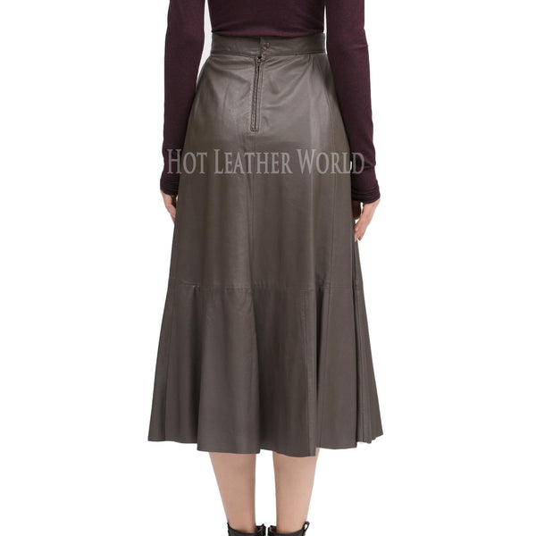 Long Flared Grey Leather Skirt -  HOTLEATHERWORLD