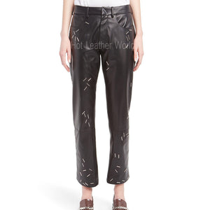 Staple Detail Leather Pants For Women -  HOTLEATHERWORLD