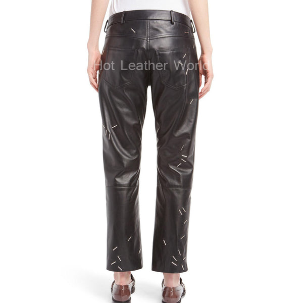 Staple Detail Leather Pants For Women -  HOTLEATHERWORLD