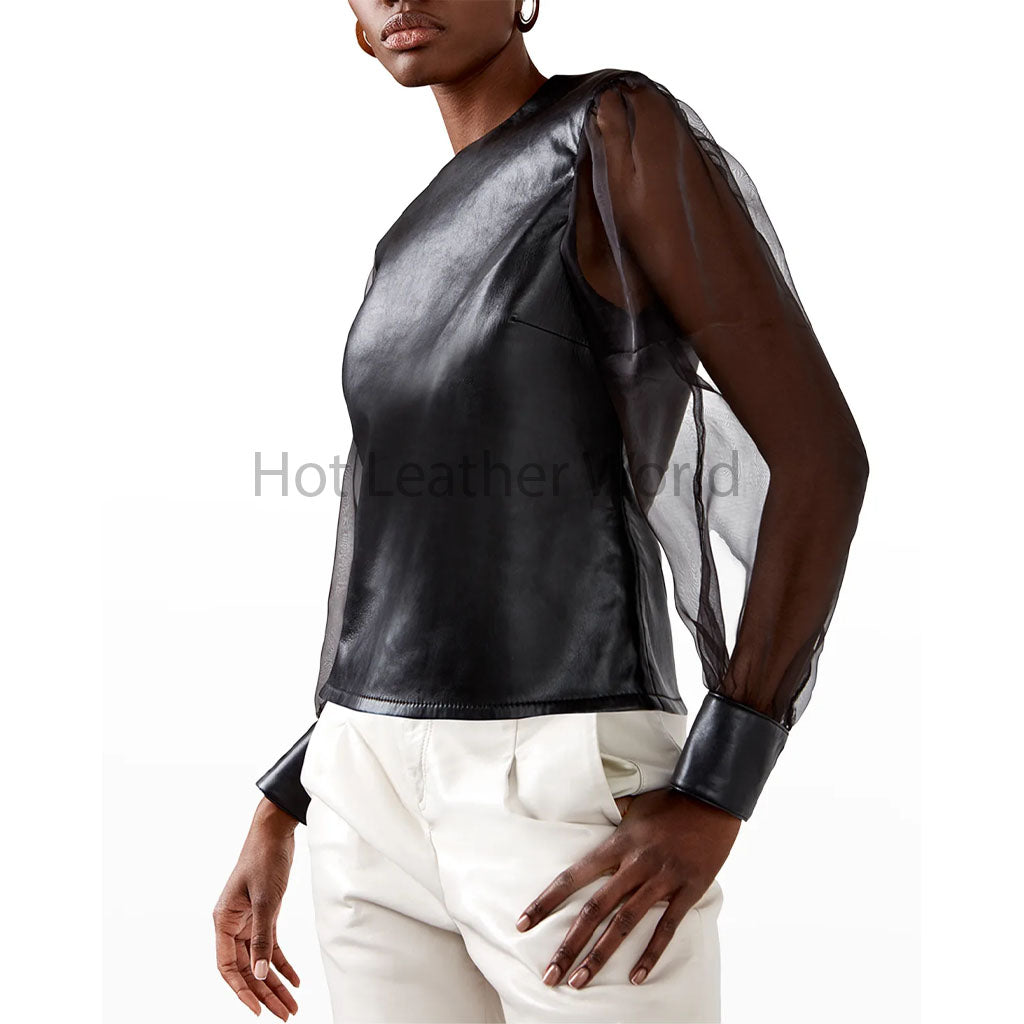 Classy Black Blouson Sheer Sleeves Women Hot Genuine Leather Top
