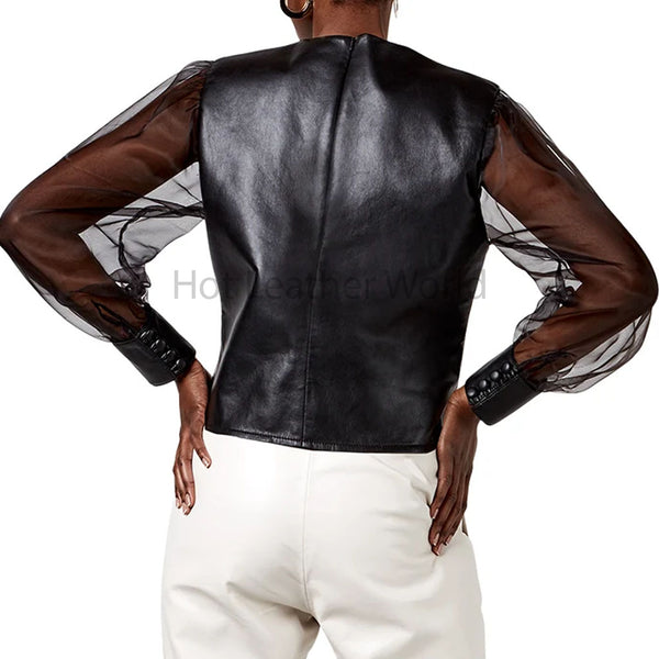 Classy Black Blouson Sheer Sleeves Women Hot Genuine Leather Top -  HOTLEATHERWORLD