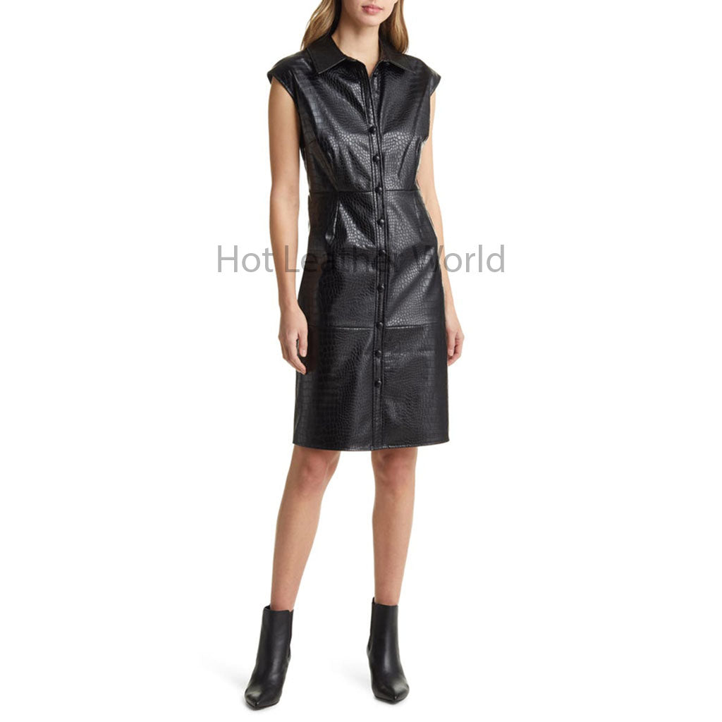 Premium Black Croc Embossed Women Shirt Leather Dress -  HOTLEATHERWORLD