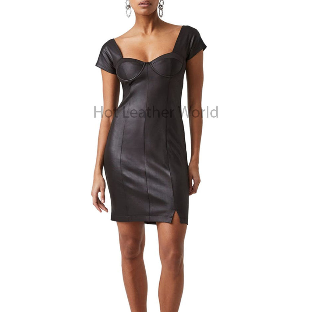 Solid Black Paneled Women Mini Leather Dress M / SAME AS PICTURE