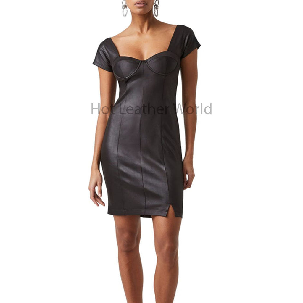 Solid Black Paneled Women Mini Leather Dress -  HOTLEATHERWORLD