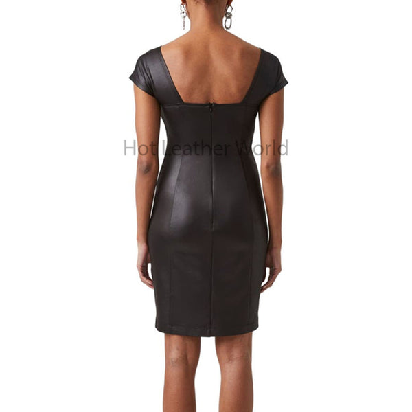 Solid Black Paneled Women Mini Leather Dress -  HOTLEATHERWORLD