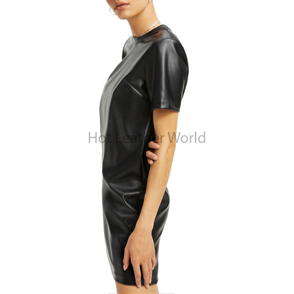 Solid Black Short Sleeves Women T-Shirt Faux Leather Dress -  HOTLEATHERWORLD