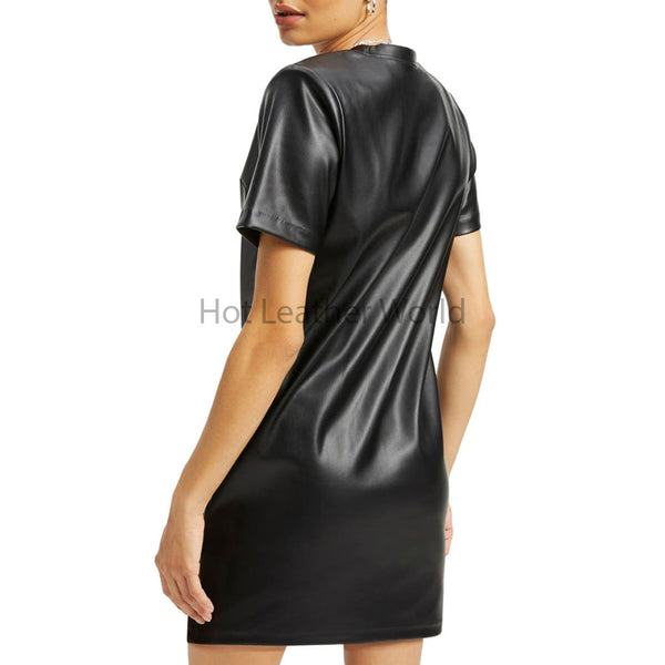 Solid Black Short Sleeves Women T-Shirt Faux Leather Dress -  HOTLEATHERWORLD
