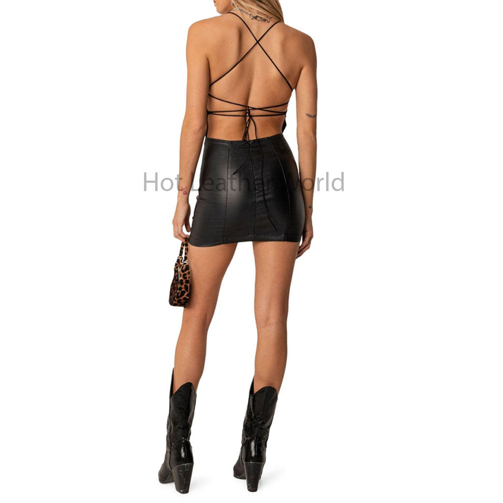 Stylish Black Spaghetti Strap Lace Up Back Women Mini Faux Leather Dress CUSTOM / Black