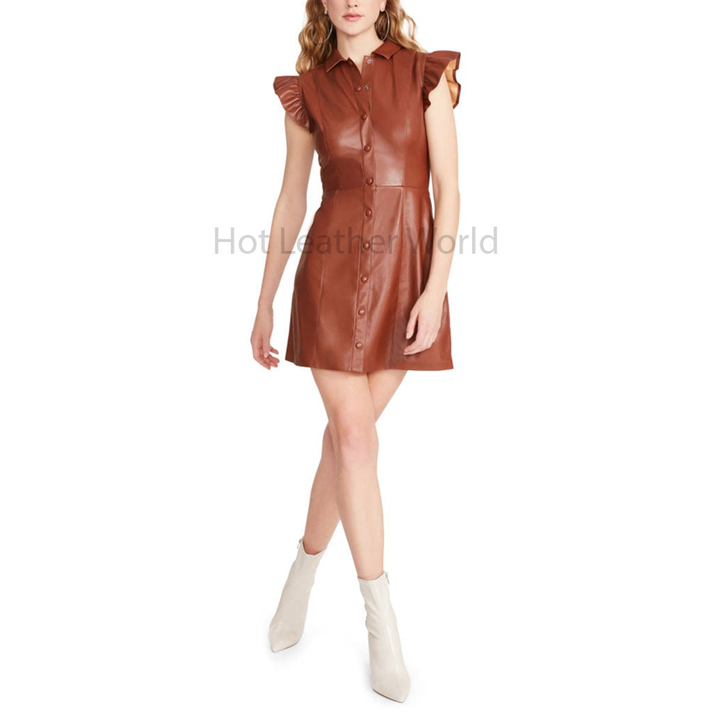 Classy Brown Ruffle Cap Sleeves Women Shirt Style Mini Leather Dress 2XL / DARK RED Classy Brown Ruffle Cap Sleeves Women Shirt Style Mini Leather Dress 2XL / DARK RED