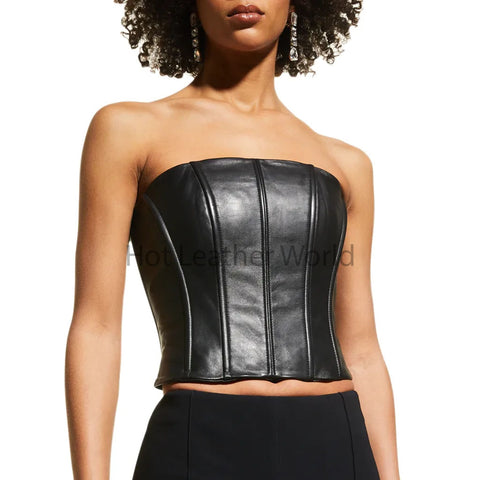 Chic Black Chain Strap Detailed Women Hot Leather Bustier Top