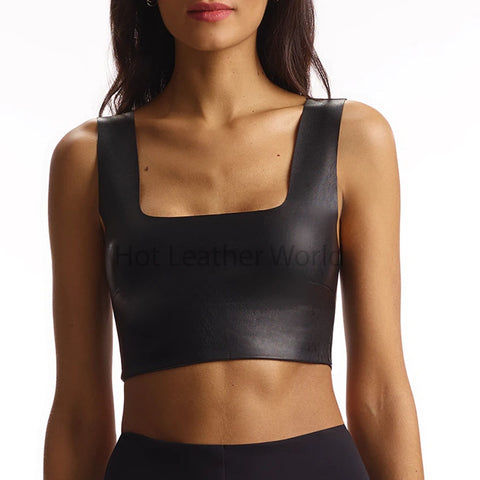 Solid Black Pull Over Style Women Hot Leather Crop Top -  HOTLEATHERWORLD