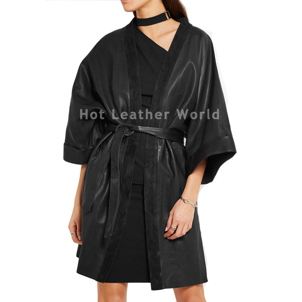 Suede Trimmed Leather Coat -  HOTLEATHERWORLD