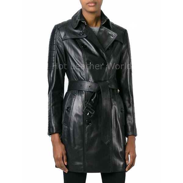 Double Breasted Women Winter Leather Coat -  HOTLEATHERWORLD