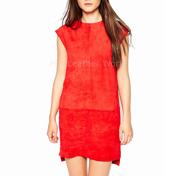 Women Suede Red Leather Dress -  HOTLEATHERWORLD