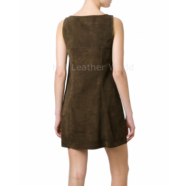 Wide Neck Women Suede Leather Dress -  HOTLEATHERWORLD