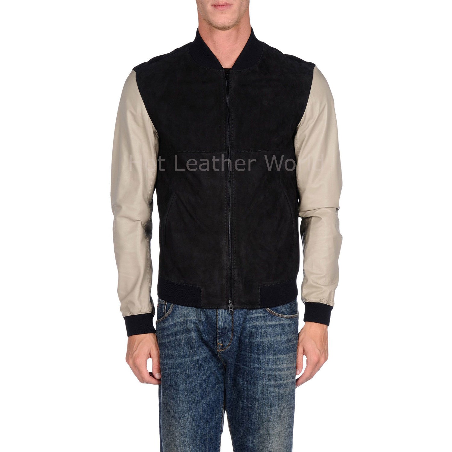 Suede Leather Contrast Style Men Biker Jacket -  HOTLEATHERWORLD