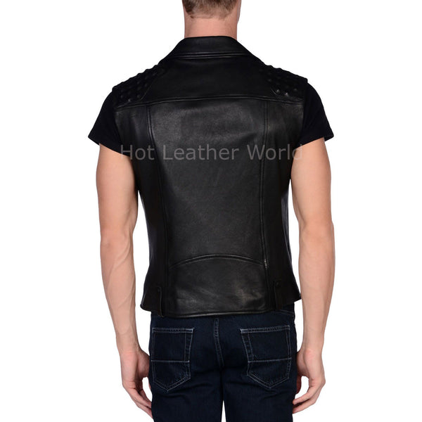 Sleeveless Style Men Leather Double Breasted Jacket -  HOTLEATHERWORLD