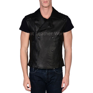 Sleeveless Style Men Leather Double Breasted Jacket -  HOTLEATHERWORLD