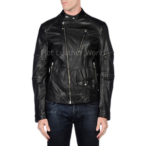 Designer Style Men Leather Biker Jacket -  HOTLEATHERWORLD