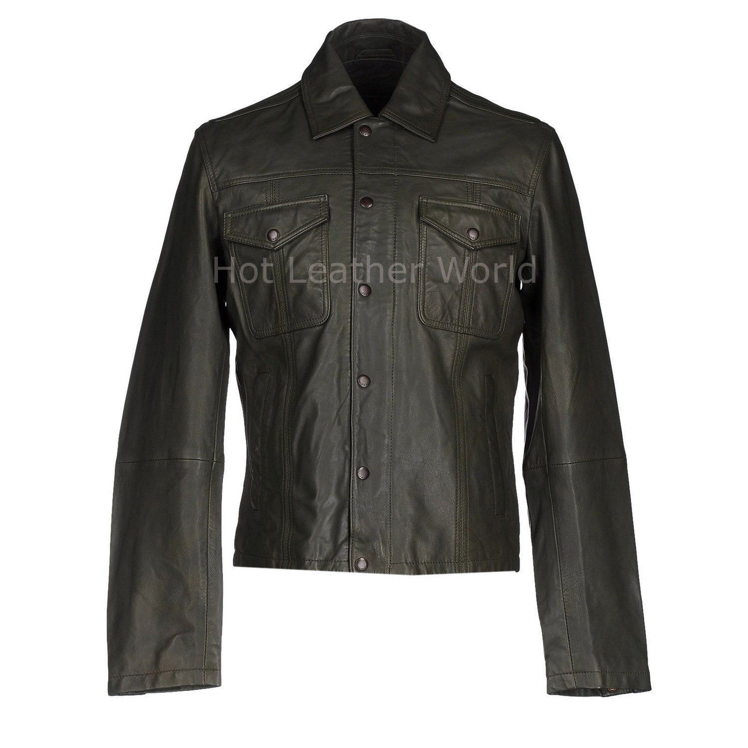 Button Fastening Men Leather Jacket -  HOTLEATHERWORLD