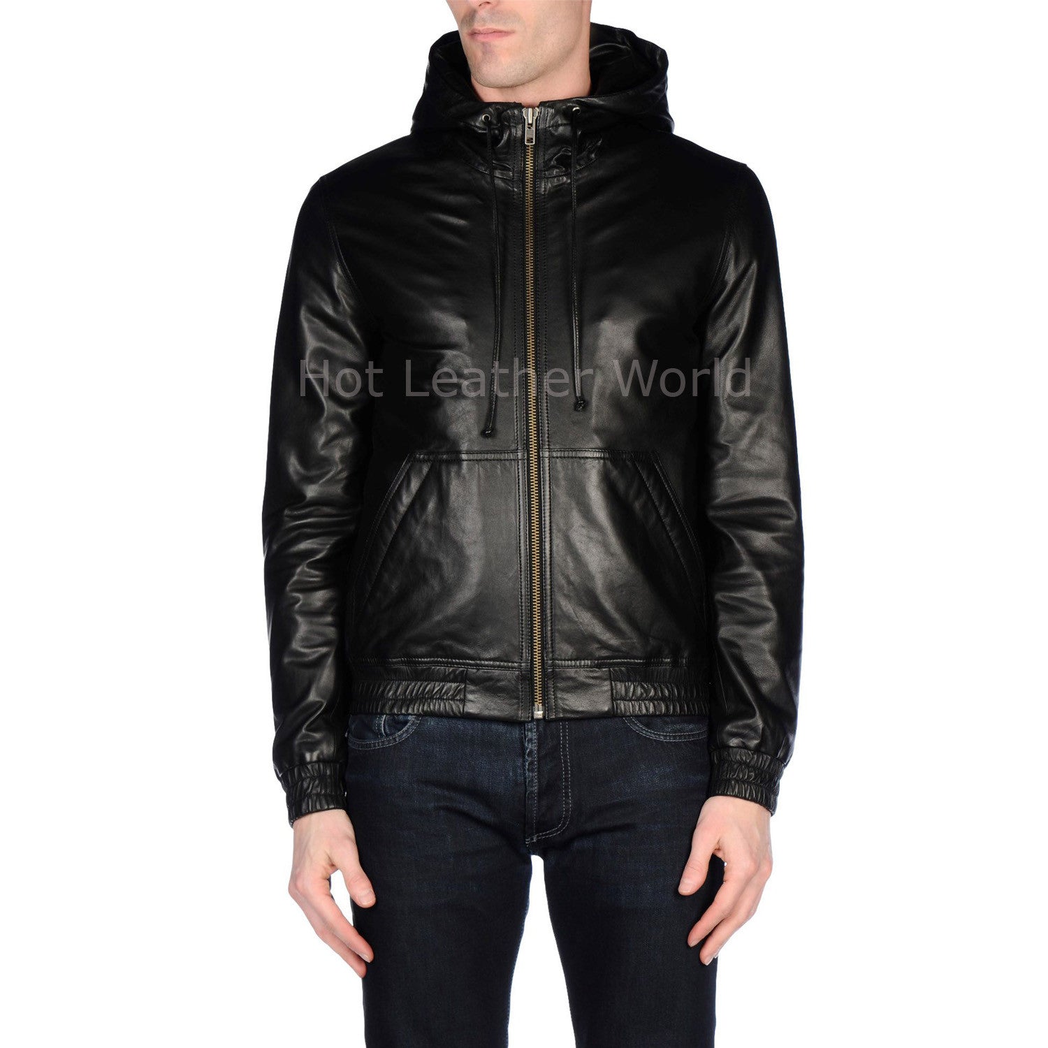 Hooded Style Men Leather Jacket -  HOTLEATHERWORLD