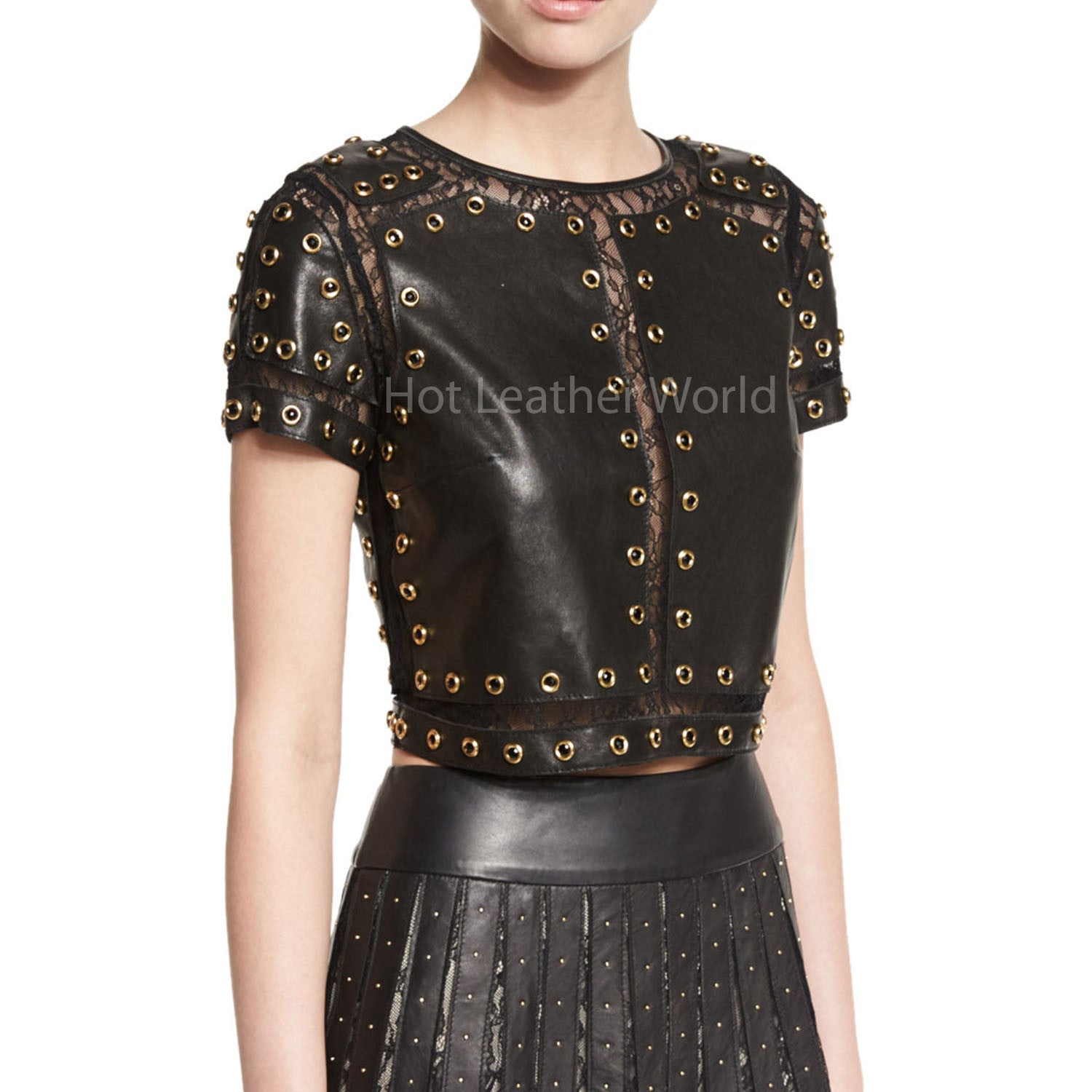 Studded Leather Top With Lace Trim -  HOTLEATHERWORLD