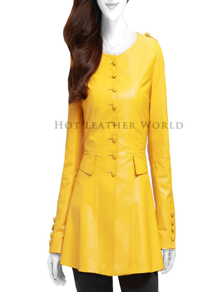 Yellow Long Leather Blazer For Women -  HOTLEATHERWORLD