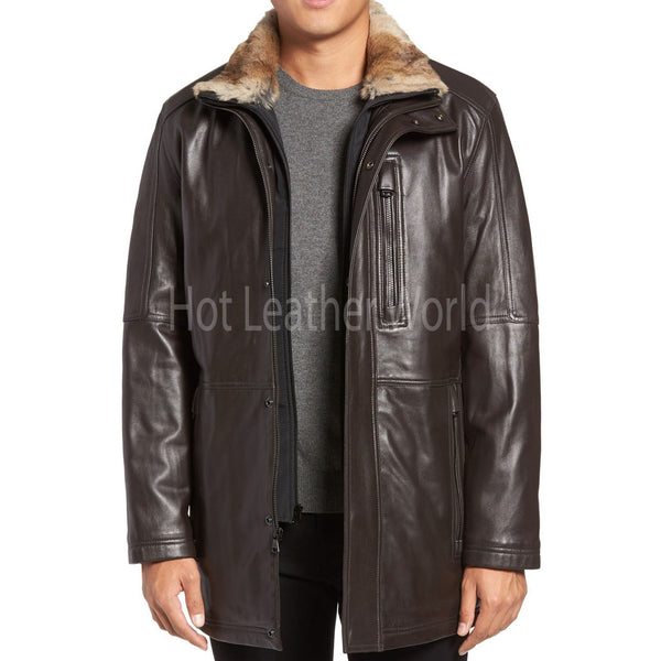 Faux Fur Trim Leather Coat For Men -  HOTLEATHERWORLD