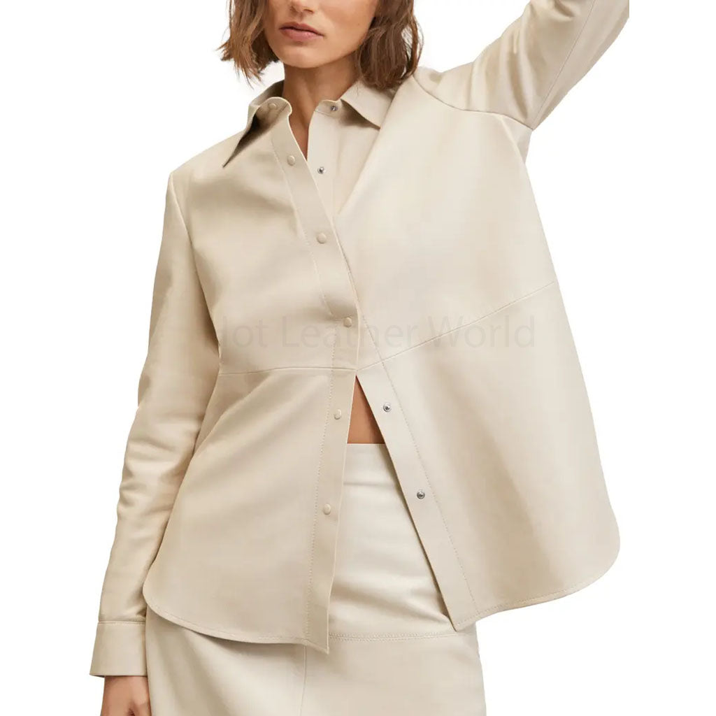 Sophisticated Beige Button Down Women Leather Shirt -  HOTLEATHERWORLD