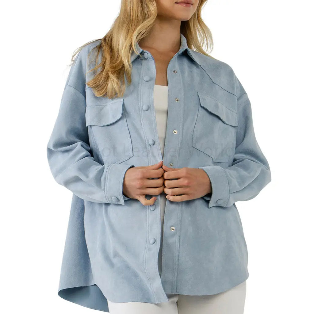 Sky Blue Button Down Women Suede Leather Shirt -  HOTLEATHERWORLD