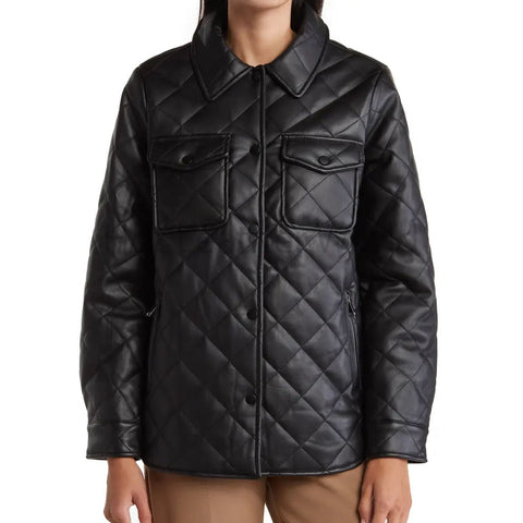 Classy Black Quilted Snap Button Women Leather Shirt -  HOTLEATHERWORLD