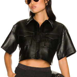 Classy Black Shirt Style Cropped Women Leather Top -  HOTLEATHERWORLD