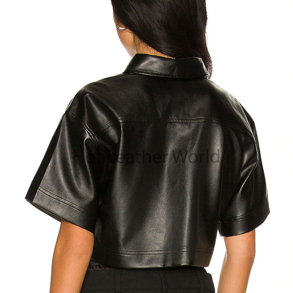Classy Black Shirt Style Cropped Women Leather Top -  HOTLEATHERWORLD