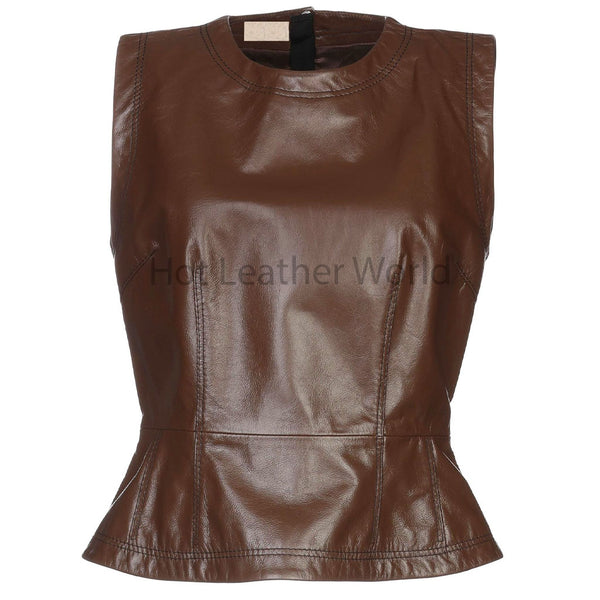 Dark Brown Flare Hem Women Genuine Leather Top -  HOTLEATHERWORLD