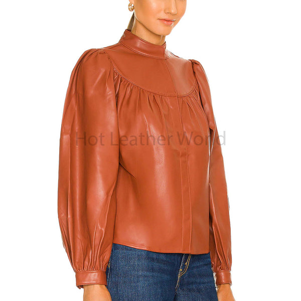 Basic Brown Blouson Sleeve Ruched Women Faux Leather Top -  HOTLEATHERWORLD