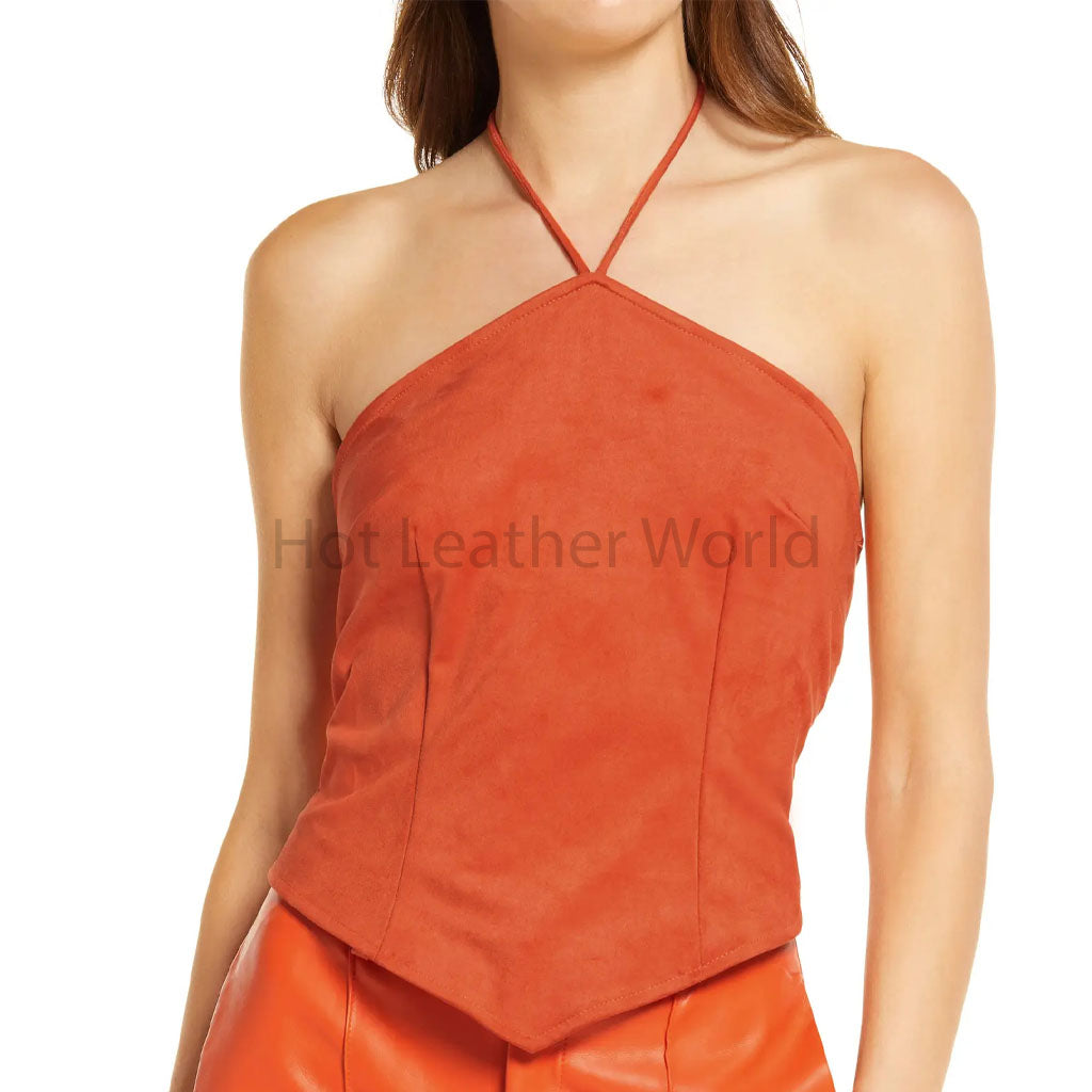 Bright Orange Halter Neck Handkerchief Women Suede Leather Top -  HOTLEATHERWORLD
