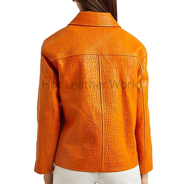 Bright Orange Croc Embossed Snap Buttoned Women Leather Blazer -  HOTLEATHERWORLD