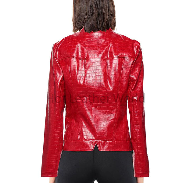 Cherry Red Croc Embossed Zipper Detailed Women Leather Jacket -  HOTLEATHERWORLD