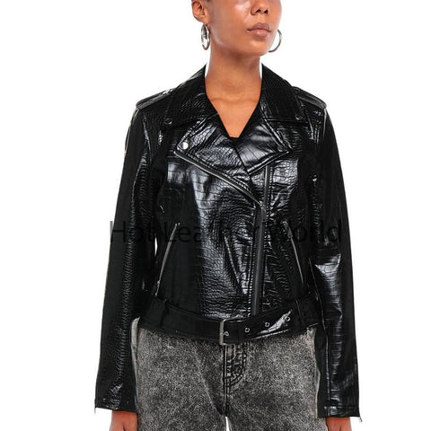 Elegant Shiny Black Croc Embossed Women Biker Leather Jacket -  HOTLEATHERWORLD