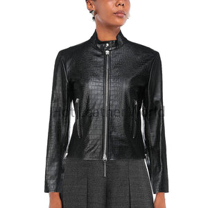 Premium Mate Finish Black Croc Embossed Classic Women Leather Jacket -  HOTLEATHERWORLD