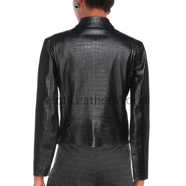 Premium Mate Finish Black Croc Embossed Classic Women Leather Jacket -  HOTLEATHERWORLD