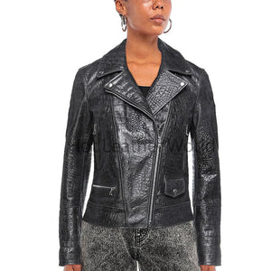 Steel Grey Solid Croc Embossed Women Biker Genuine Leather Jacket -  HOTLEATHERWORLD