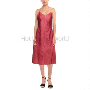 Garnet Red Deep V Neckline Women Midi Length Genuine Leather Dress -  HOTLEATHERWORLD