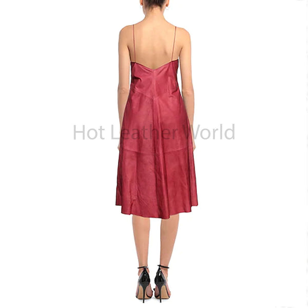 Garnet Red Deep V Neckline Women Midi Length Genuine Leather Dress -  HOTLEATHERWORLD