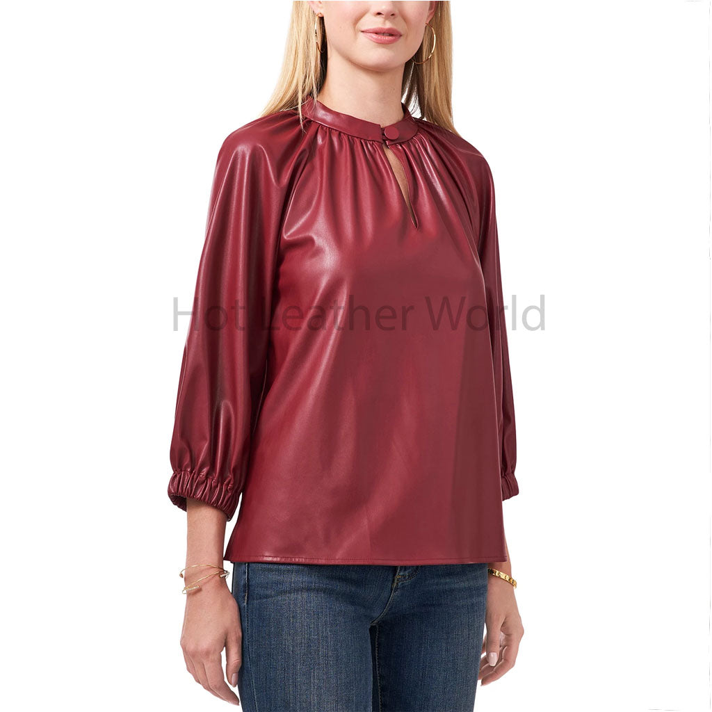 Classy Red Buttoned Split Neck Women Faux Leather Top -  HOTLEATHERWORLD