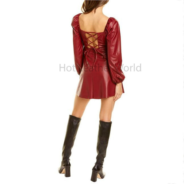 Elegant Red Laced And Elasticized Women Mini Genuine Leather Dress -  HOTLEATHERWORLD